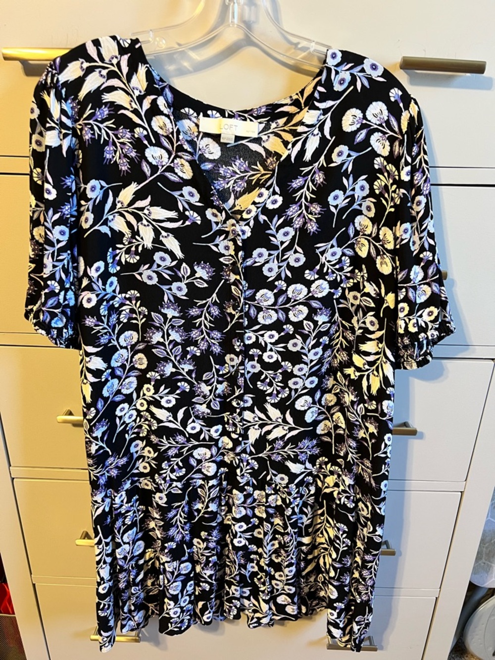 LOFT Black Floral Button-Front Tiered Blouse